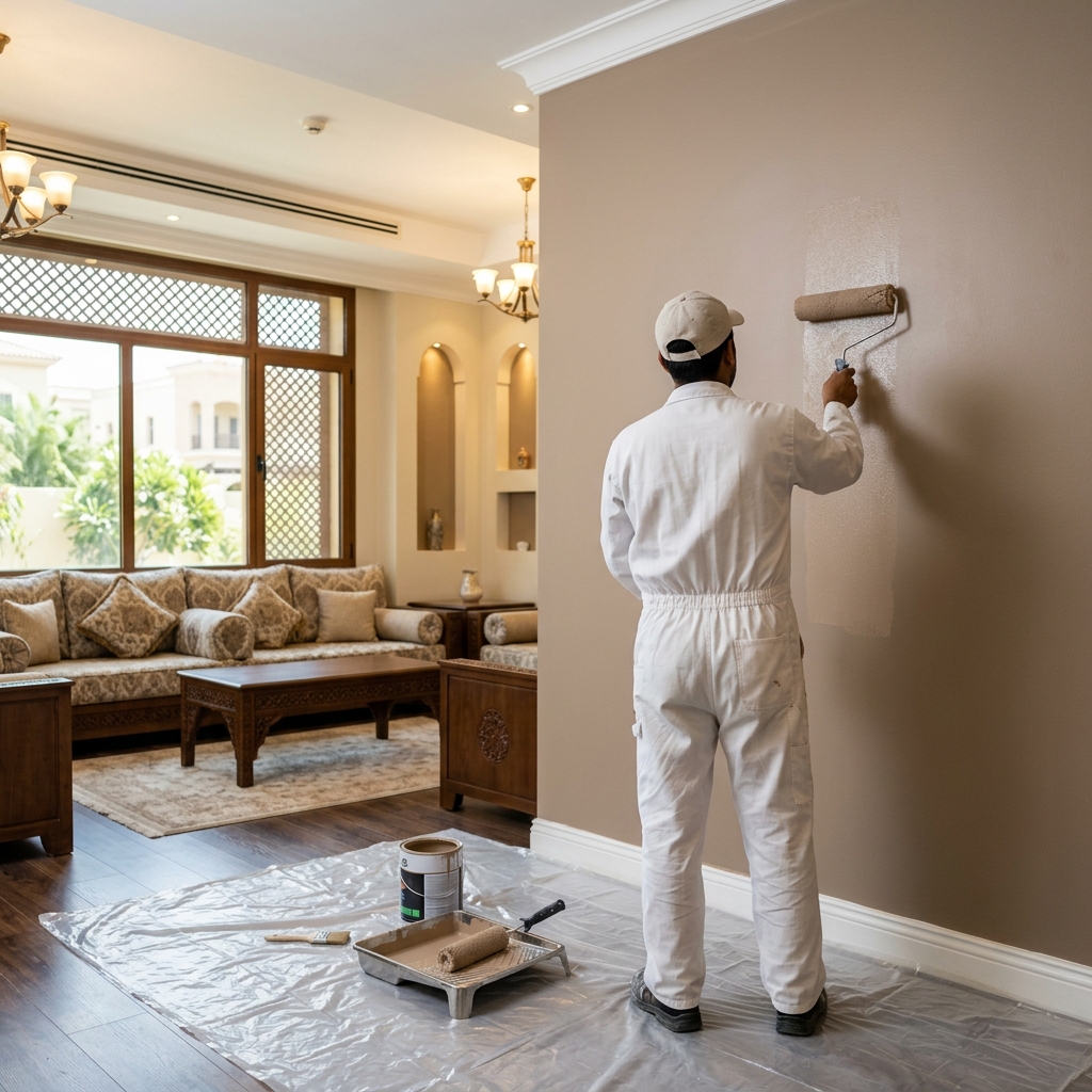 معلم دهانات بالمدينة المنورة يدهن جدار بأسلوب احترافي